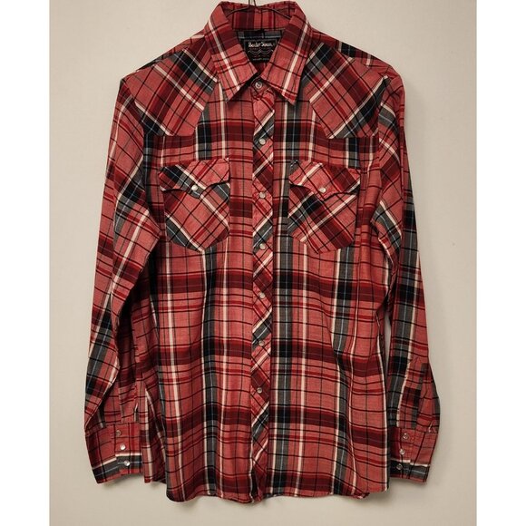 Border Town Pearl Snap Shirt Western Mens Medium Red Black Plaid Vintage - Picture 2 of 15